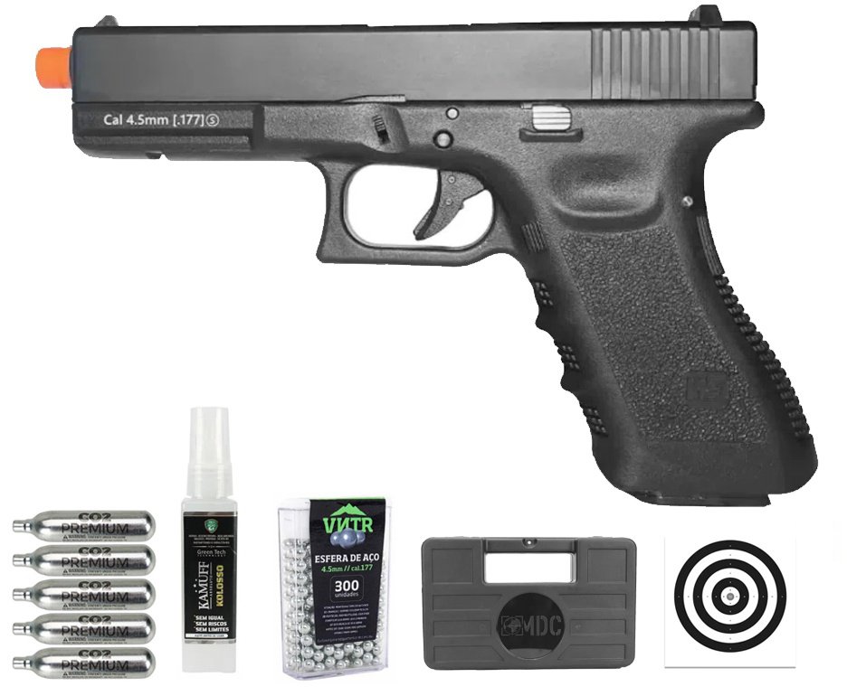 Pistola de Pressão Airgun CO2 WE G17 BK-A GEN3 Blowback 4.5mm - WE/FXR + Co2 + BBS + Case + Alvos + Kamuff