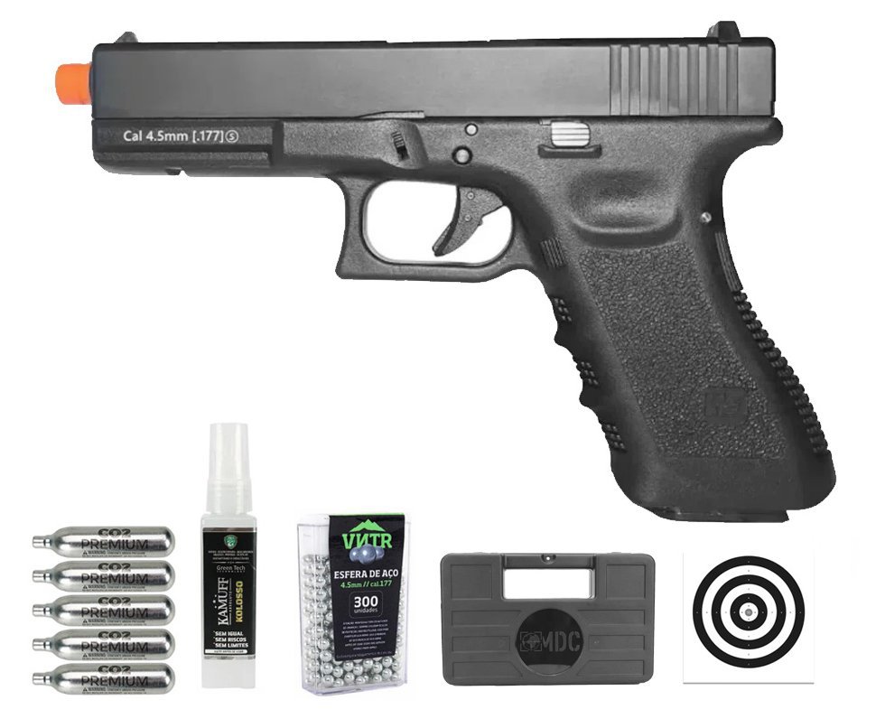 Pistola de Pressão Airgun CO2 WE G17 BK-A GEN3 Blowback 4.5mm - WE/FXR + Co2 + BBS + Case + Alvos + Kamuff