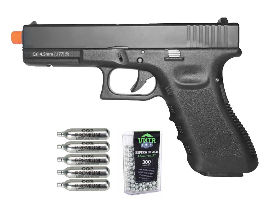 Pistola de Pressão Airgun CO2 WE G17 BK-A GEN3 Blowback 4.5mm - WE/FXR + Co2 + BBS