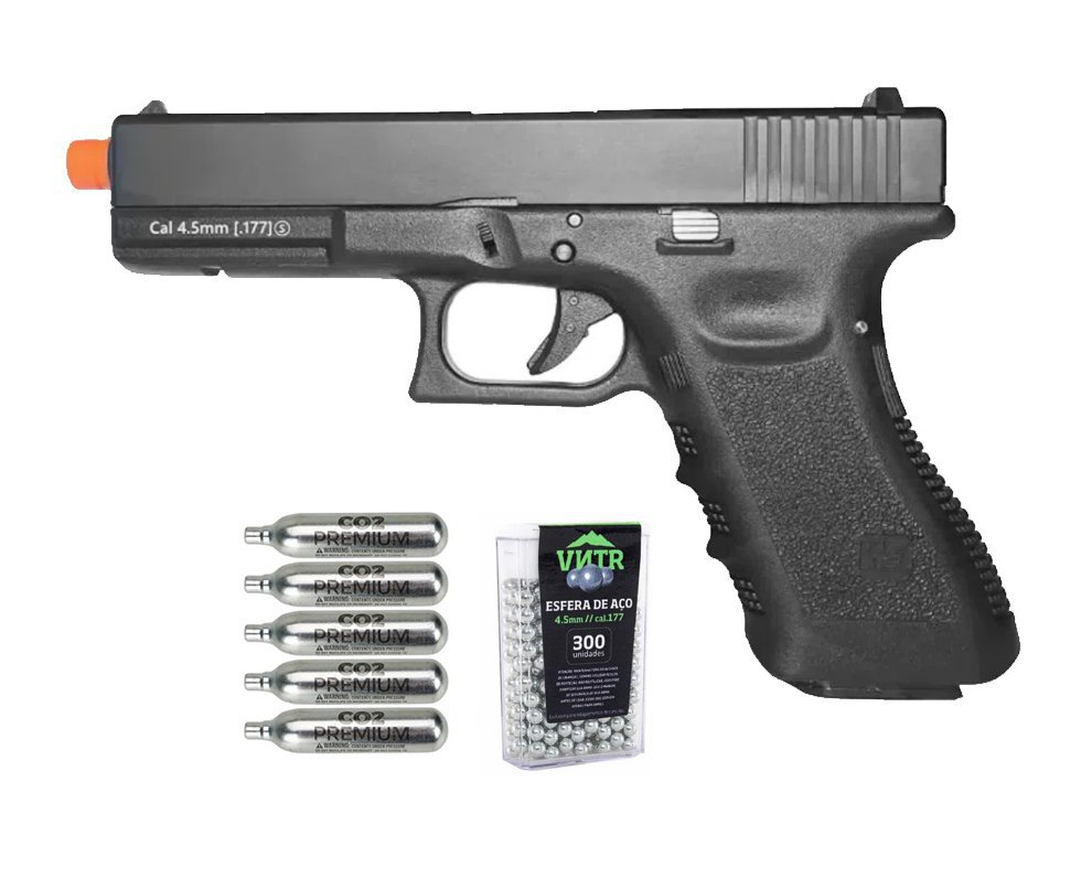 Pistola de Pressão Airgun CO2 WE G17 BK-A GEN3 Blowback 4.5mm - WE/FXR + Co2 + BBS