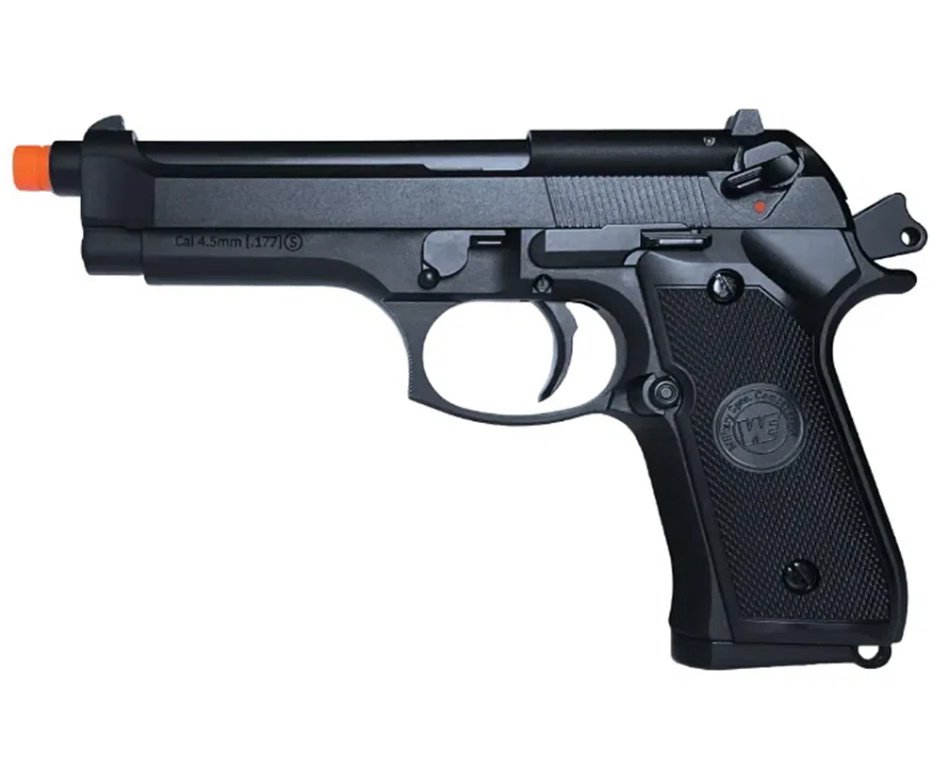 Pistola de Pressão Airgun CO2 M92-BK-S Blowback WE 45-M001 4.5mm - WE/FXR + Co2 + BBS + Case + Alvos + Desengripante / Anticorrosivo + Kamuff