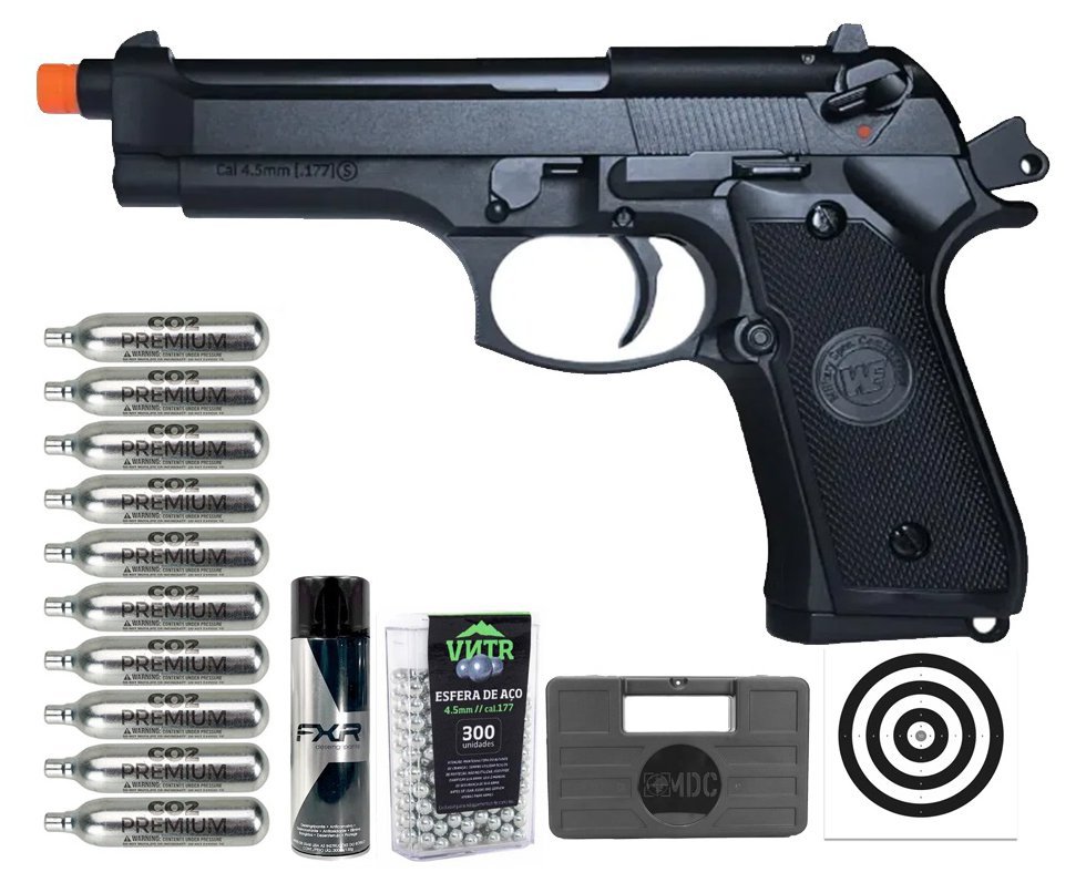 Pistola de Pressão Airgun CO2 M92-BK-S Blowback WE 45-M001 4.5mm - WE/FXR + Co2 + BBS + Case + Alvos + Desengripante / Anticorrosivo + Kamuff