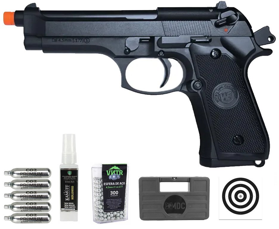 Pistola de Pressão Airgun CO2 M92-BK-S Blowback WE 45-M001 4.5mm - WE/FXR + Co2 + BBS + Case + Alvos + Kamuff