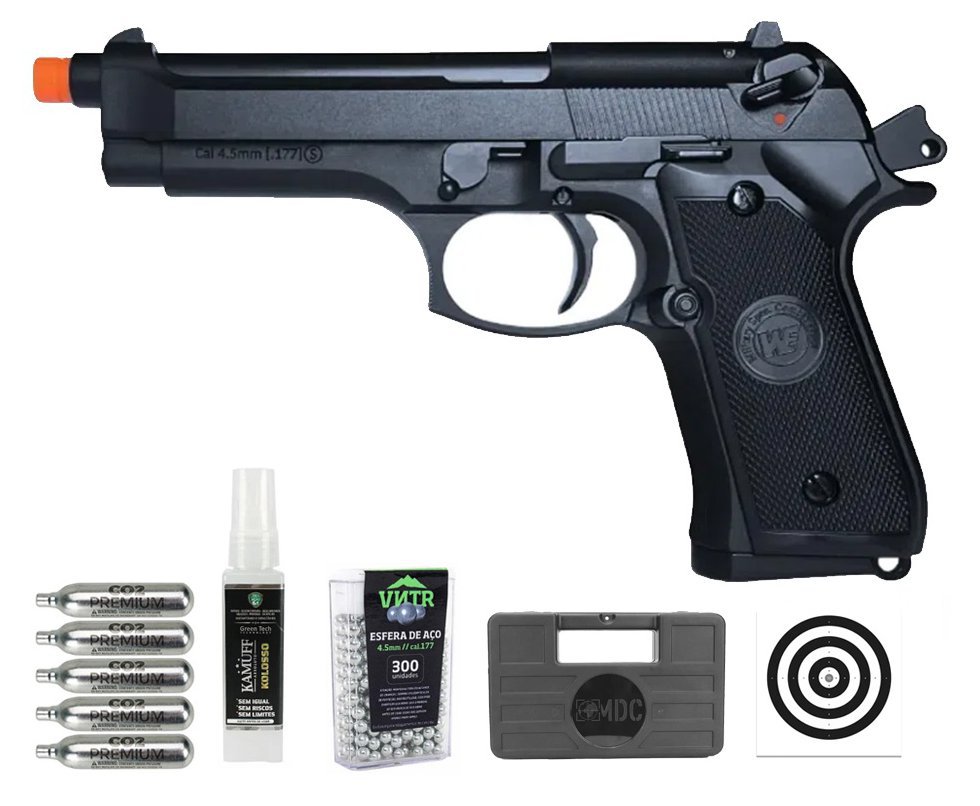 Pistola de Pressão Airgun CO2 M92-BK-S Blowback WE 45-M001 4.5mm - WE/FXR + Co2 + BBS + Case + Alvos + Kamuff
