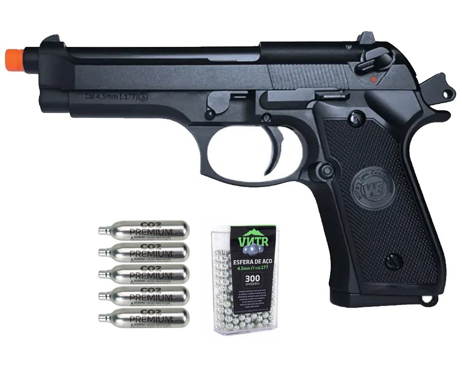 Pistola de Pressão Airgun CO2 M92-BK-S Blowback WE 45-M001 4.5mm - WE/FXR + Co2 + BBS