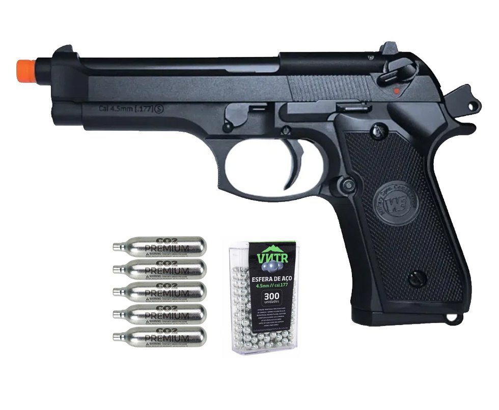 Pistola de Pressão Airgun CO2 M92-BK-S Blowback WE 45-M001 4.5mm - WE/FXR + Co2 + BBS
