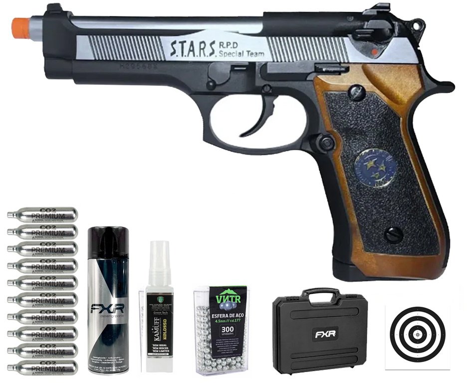 Pistola de Pressão CO2 WE M92 SV-S Blowback Resident Evil 4.5mm - WE/FXR + Co2 + BBS + Case + Alvos + Desengripante / Anticorrosivo + Kamuff