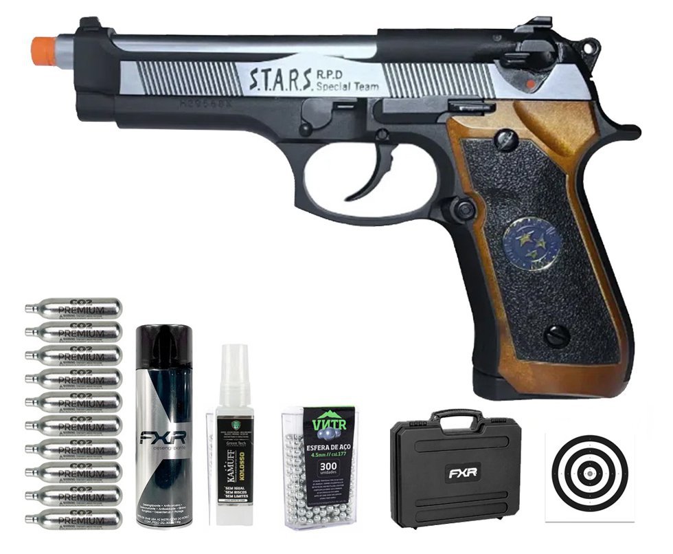 Pistola de Pressão CO2 WE M92 SV-S Blowback Resident Evil 4.5mm - WE/FXR + Co2 + BBS + Case + Alvos + Desengripante / Anticorrosivo + Kamuff