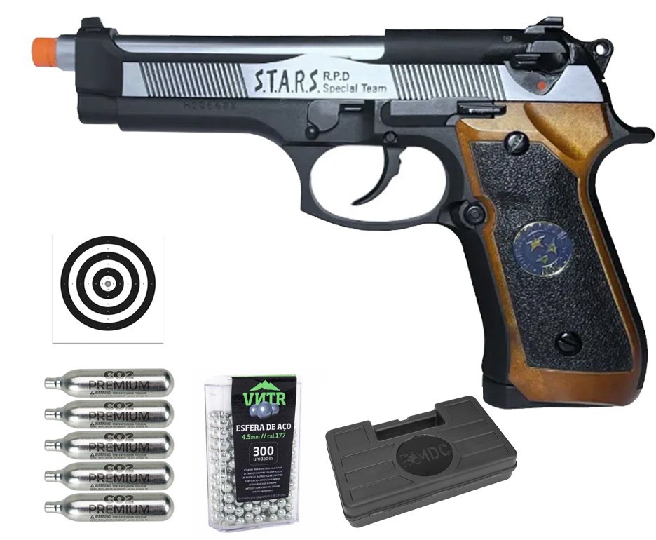 Pistola de Pressão CO2 WE M92 SV-S Blowback Resident Evil 4.5mm - WE/FXR + Co2 + BBS + Case + Alvos + Kamuff