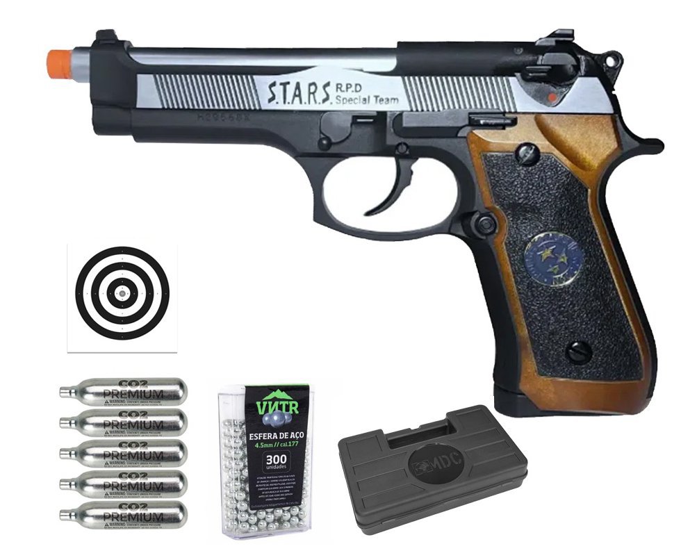 Pistola de Pressão CO2 WE M92 SV-S Blowback Resident Evil 4.5mm - WE/FXR + Co2 + BBS + Case + Alvos + Kamuff