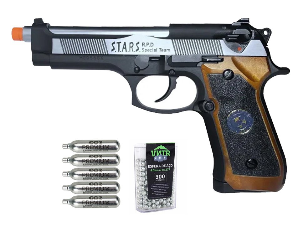 Pistola de Pressão CO2 WE M92 SV-S Blowback Resident Evil 4.5mm - WE/FXR + Co2 + BBS