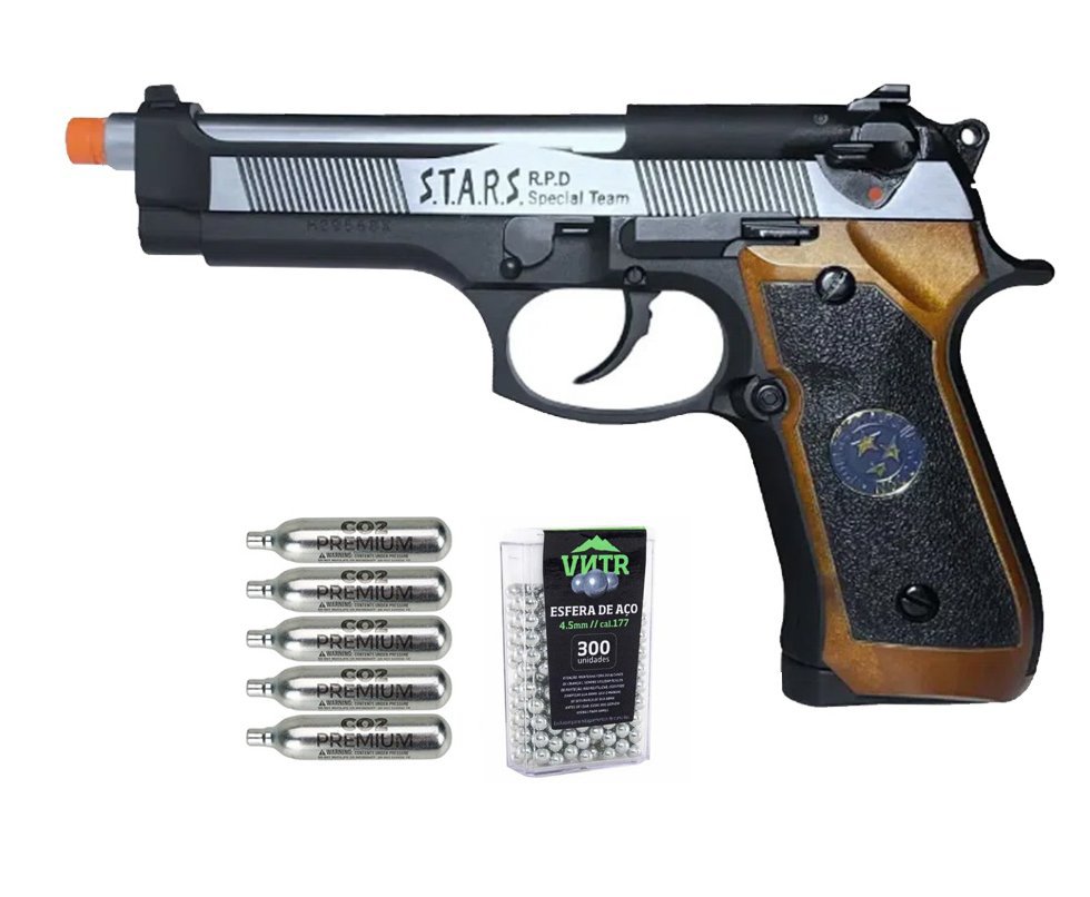 Pistola de Pressão CO2 WE M92 SV-S Blowback Resident Evil 4.5mm - WE/FXR + Co2 + BBS