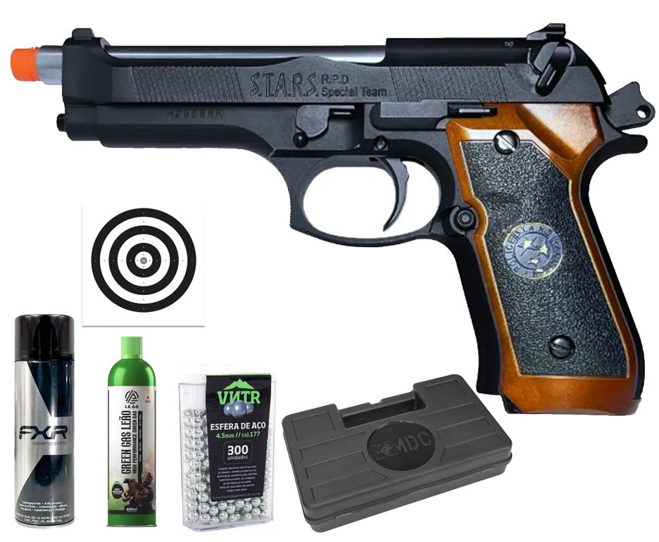 Pistola de Airsoft GBB WE M92SPS-2T Samurai Edge Biohazard 6mm - WE/FXR + GBB + BBS + Case + Alvos + Desengripante / Anticorrosivo + Kamuff