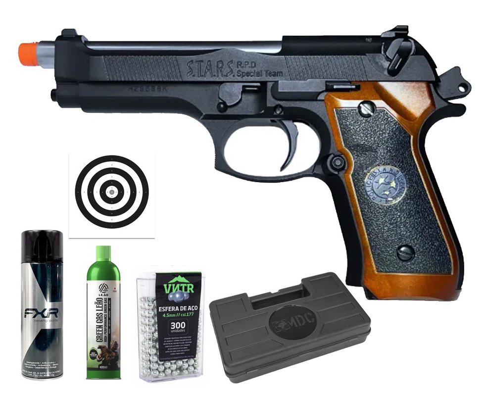 Pistola de Airsoft GBB WE M92SPS-2T Samurai Edge Biohazard 6mm - WE/FXR + GBB + BBS + Case + Alvos + Desengripante / Anticorrosivo + Kamuff