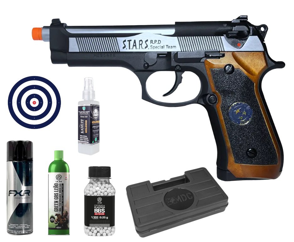 Pistola de Airsoft GBB WE M92SPS-2T Samurai Edge Biohazard 6mm - WE/FXR + GBB + BBS + Case + Alvos + Desengripante / Anticorrosivo + Kamuff
