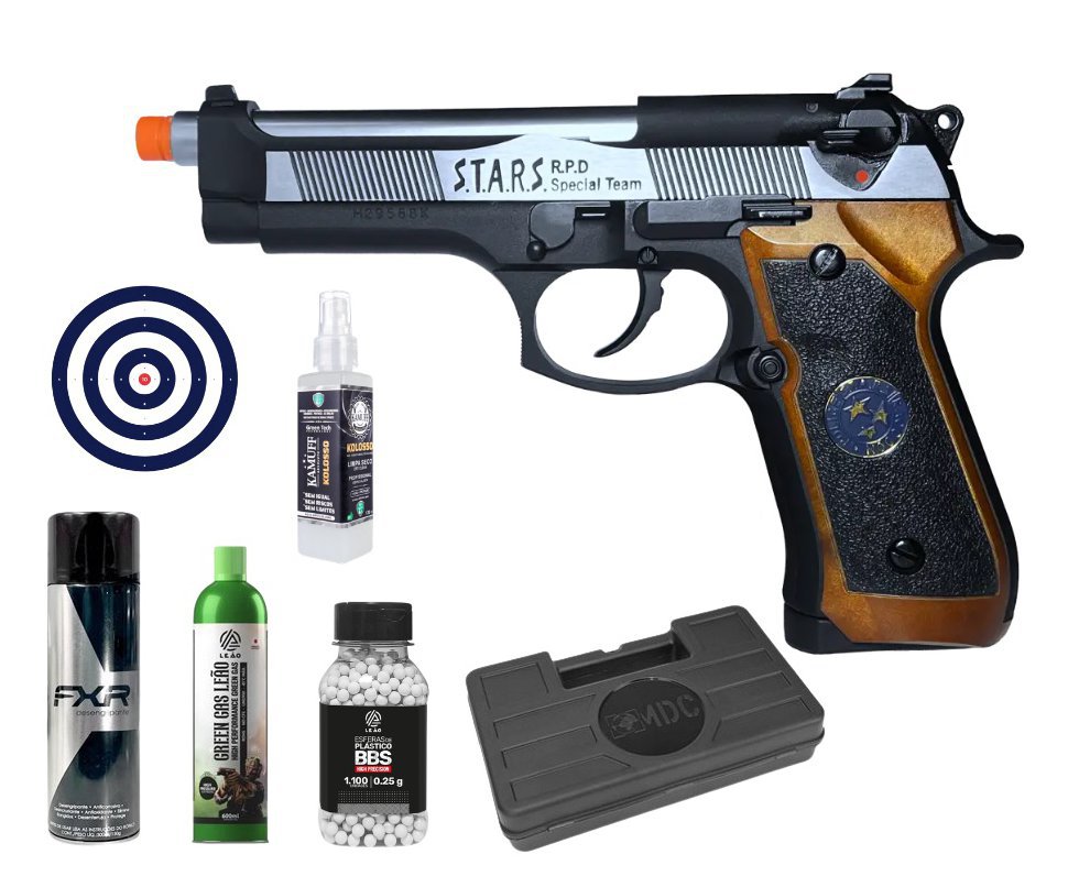 Pistola de Airsoft GBB WE M92SPS-2T Samurai Edge Biohazard 6mm - WE/FXR + GBB + BBS + Case + Alvos + Desengripante / Anticorrosivo + Kamuff