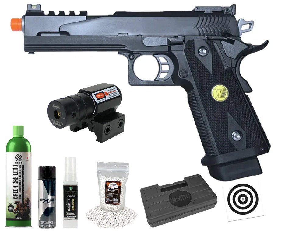 Pistola de Airsoft Full Auto Green Gas 1911 Dragon BK 5.1 C-Auto GBB 6mm - WE/FXR + GBB + BBS + Case + Alvos + Desengripante / Anticorrosivo + Kamuff + Laser