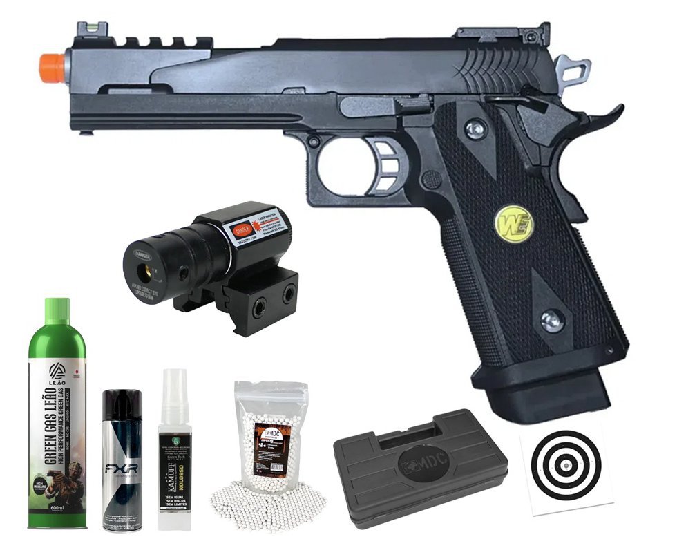 Pistola de Airsoft Full Auto Green Gas 1911 Dragon BK 5.1 C-Auto GBB 6mm - WE/FXR + GBB + BBS + Case + Alvos + Desengripante / Anticorrosivo + Kamuff + Laser
