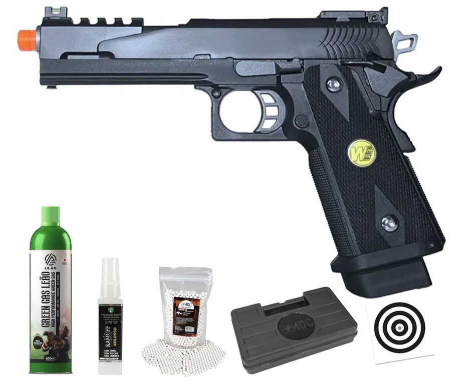 Pistola de Airsoft Full Auto Green Gas 1911 Dragon BK 5.1 C-Auto GBB 6mm - WE/FXR + GBB+ BBS + Case + Alvos + Kamuff