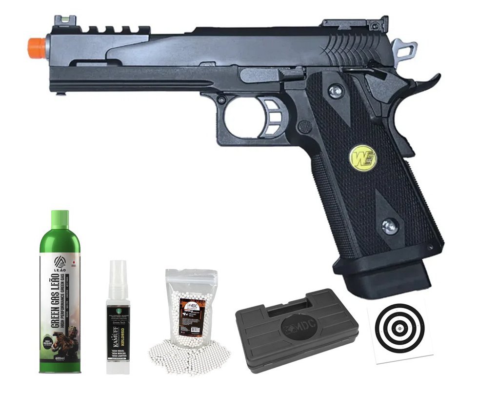 Pistola de Airsoft Full Auto Green Gas 1911 Dragon BK 5.1 C-Auto GBB 6mm - WE/FXR + GBB+ BBS + Case + Alvos + Kamuff