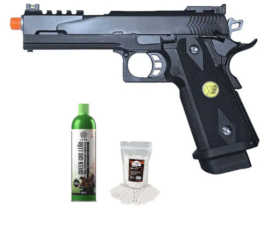 Pistola de Airsoft Full Auto Green Gas 1911 Dragon BK 5.1 C-Auto GBB 6mm - WE/FXR + GBB + BBS