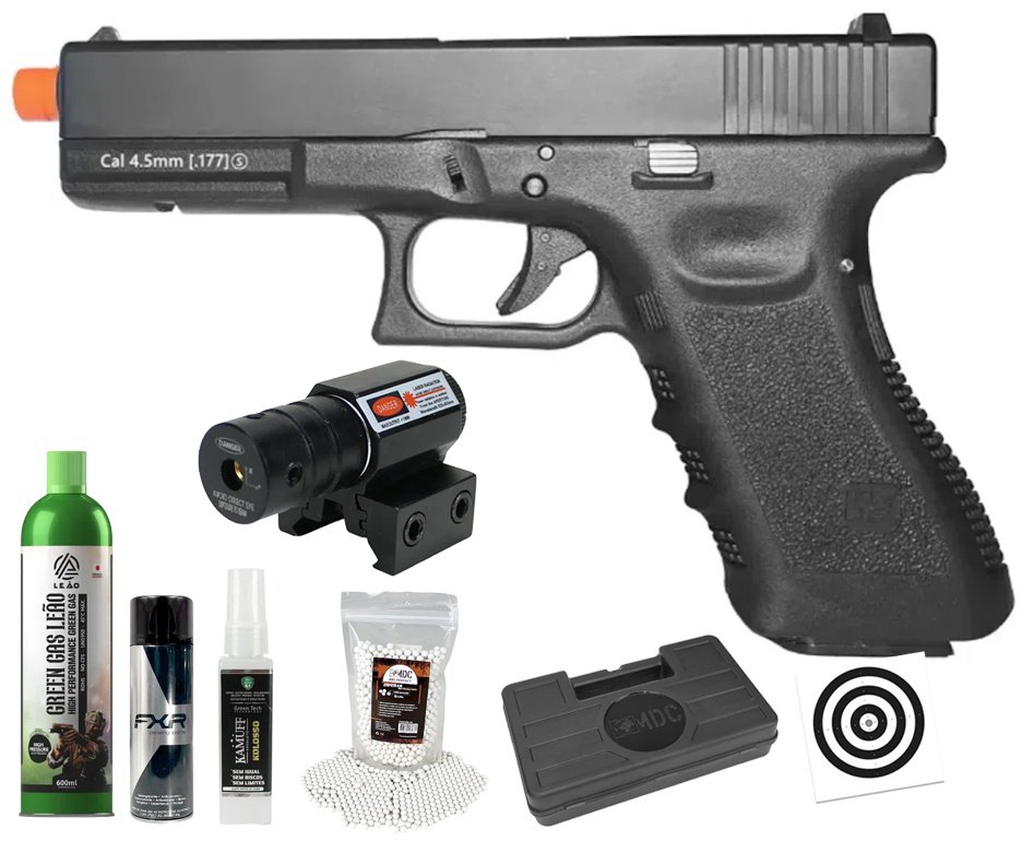 Pistola de Airsoft Green Gas G17 BK-A GEN3 GBB Blowback 6mm - WE/FXR + GBB + BBS + Case + Alvos + Desengripante / Anticorrosivo + Kamuff + Laser