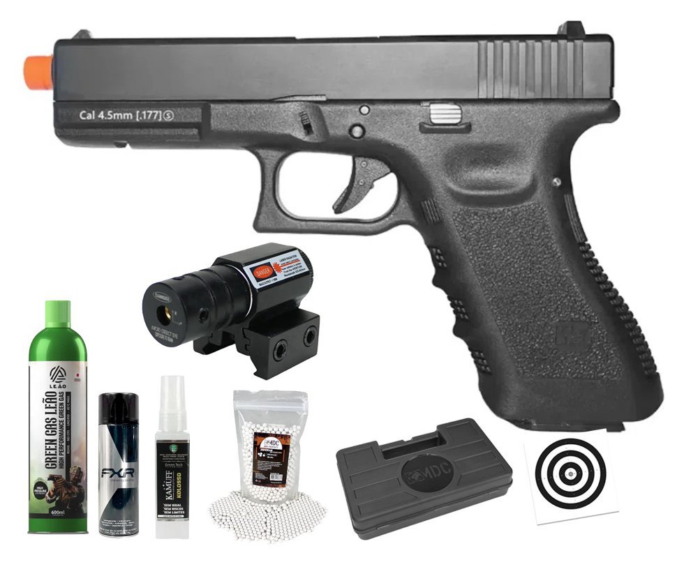 Pistola de Airsoft Green Gas G17 BK-A GEN3 GBB Blowback 6mm - WE/FXR + GBB + BBS + Case + Alvos + Desengripante / Anticorrosivo + Kamuff + Laser