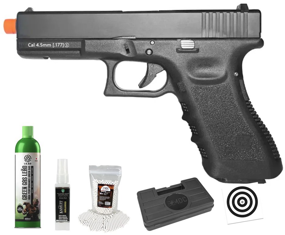 Pistola de Airsoft Green Gas G17 BK-A GEN3 GBB Blowback 6mm - WE/FXR + GBB + BBS + Case + Alvos + Kamuff