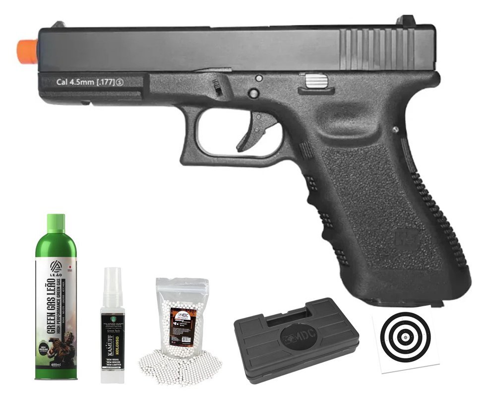 Pistola de Airsoft Green Gas G17 BK-A GEN3 GBB Blowback 6mm - WE/FXR + GBB + BBS + Case + Alvos + Kamuff