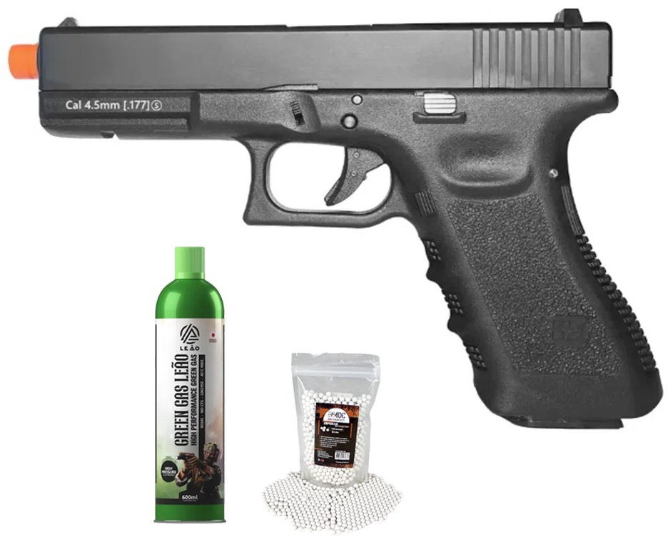 Pistola de Airsoft Green Gas G17 BK-A GEN3 GBB Blowback 6mm - WE/FXR + GBB + BBS