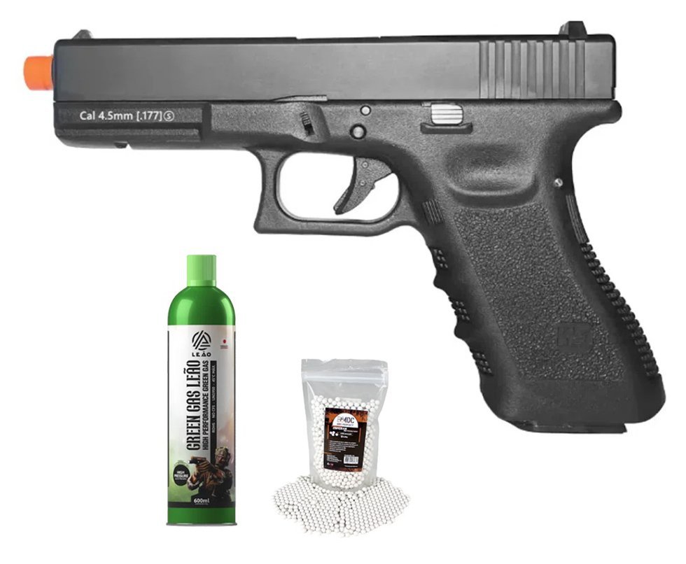 Pistola de Airsoft Green Gas G17 BK-A GEN3 GBB Blowback 6mm - WE/FXR + GBB + BBS