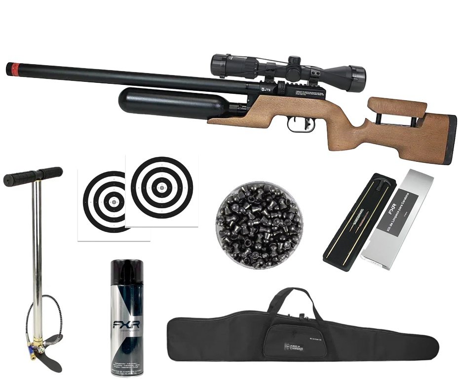 Carabina de Pressão PCP JTS Shawlawk 6.35mm - FXR + Bomba + Capa + Luneta 3-9x40 + Chumbos + Alvos + Kit de Limpeza + Desengripante / Anticorrosivo
