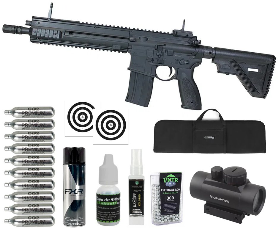 Rifle de Pressão CO2 Heckler & Koch HK416 A5 4.5mm Blowback semi auto - Umarex + Co2 + BBS + Alvos + Red Dot + Capa + Óleo + Desengripante / Anticorrosivo + Kamuff