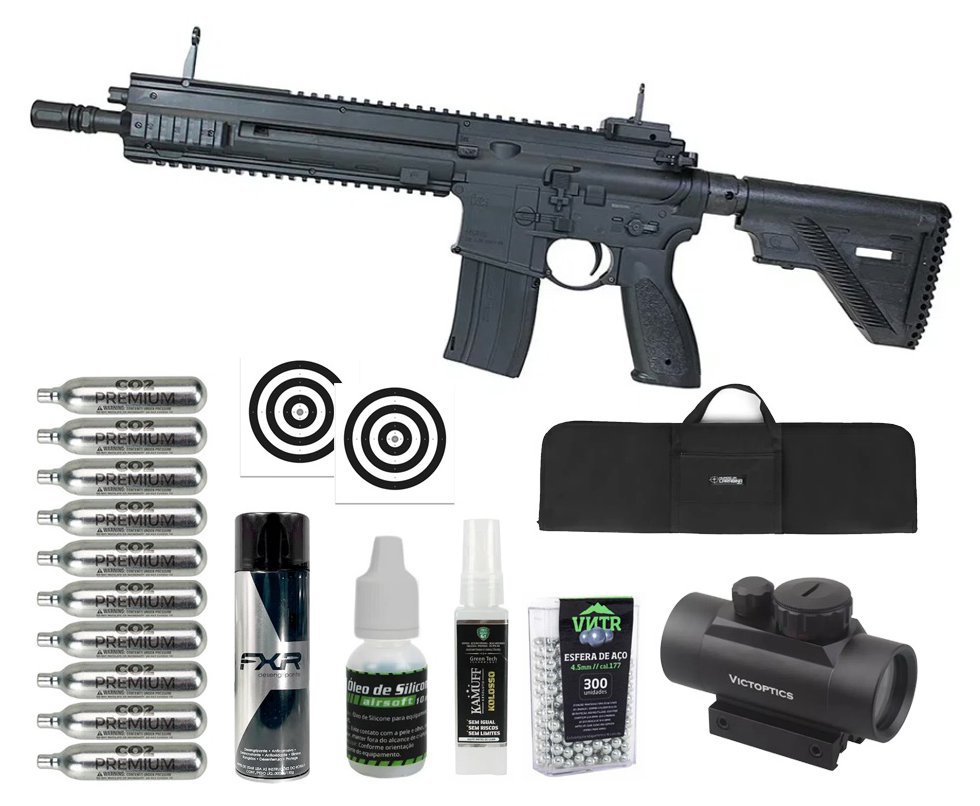 Rifle de Pressão CO2 Heckler & Koch HK416 A5 4.5mm Blowback semi auto - Umarex + Co2 + BBS + Alvos + Red Dot + Capa + Óleo + Desengripante / Anticorrosivo + Kamuff