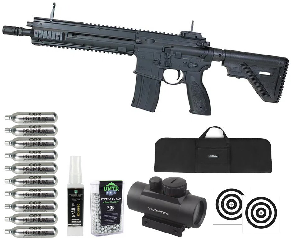 Rifle de Pressão CO2 Heckler & Koch HK416 A5 4.5mm Blowback semi auto - Umarex + Co2 + BBS + Alvos + Red Dot + Capa + Kamuff