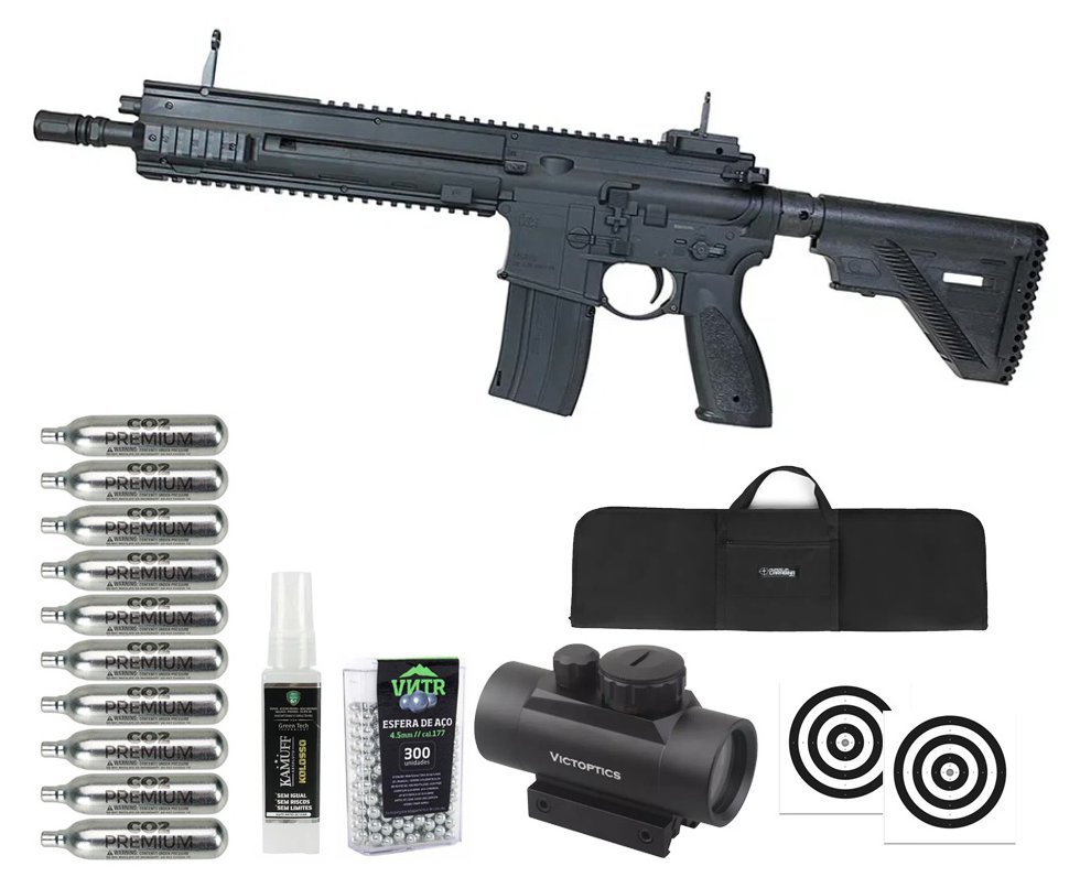 Rifle de Pressão CO2 Heckler & Koch HK416 A5 4.5mm Blowback semi auto - Umarex + Co2 + BBS + Alvos + Red Dot + Capa + Kamuff