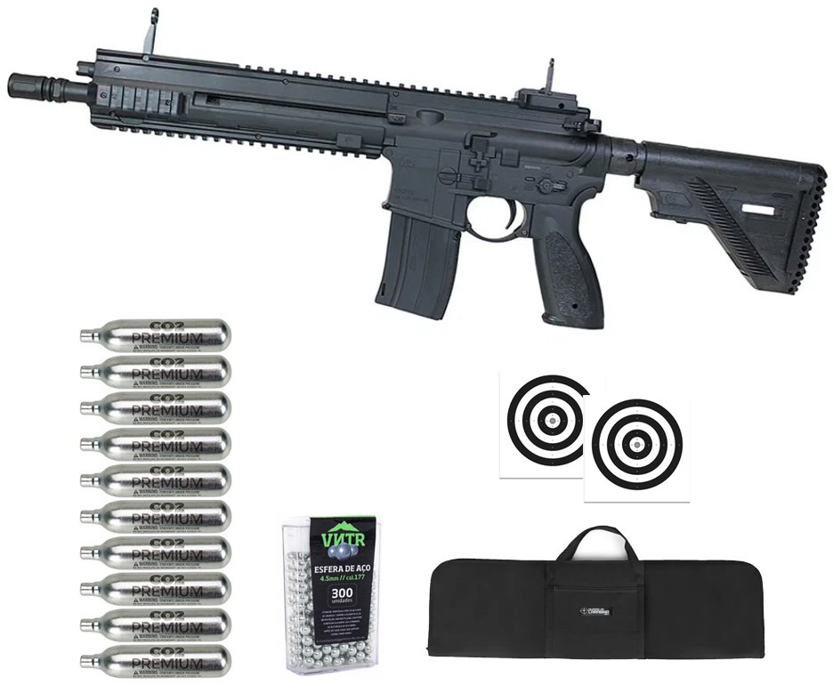 Rifle de Pressão CO2 Heckler & Koch HK416 A5 4.5mm Blowback semi auto - Umarex + Co2 + BBS + Alvos + Capa