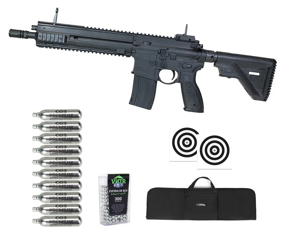 Rifle de Pressão CO2 Heckler & Koch HK416 A5 4.5mm Blowback semi auto - Umarex + Co2 + BBS + Alvos + Capa