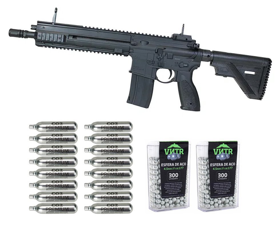 Rifle de Pressão CO2 Heckler & Koch HK416 A5 4.5mm Blowback semi auto - Umarex + Co2 + BBS