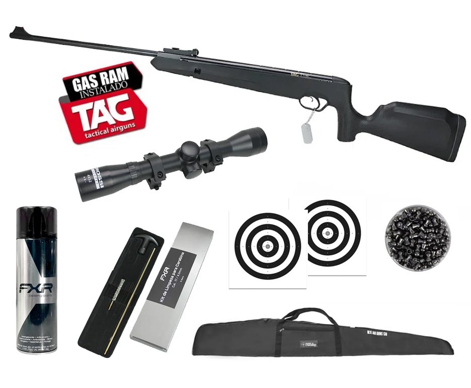 Carabina de Pressão Naja Nitro Gás Ram 4,5mm - TAG + Capa + Luneta 4x32 + Chumbo + Alvos + Kit de Limpeza + Desengripante / Anticorrosivo