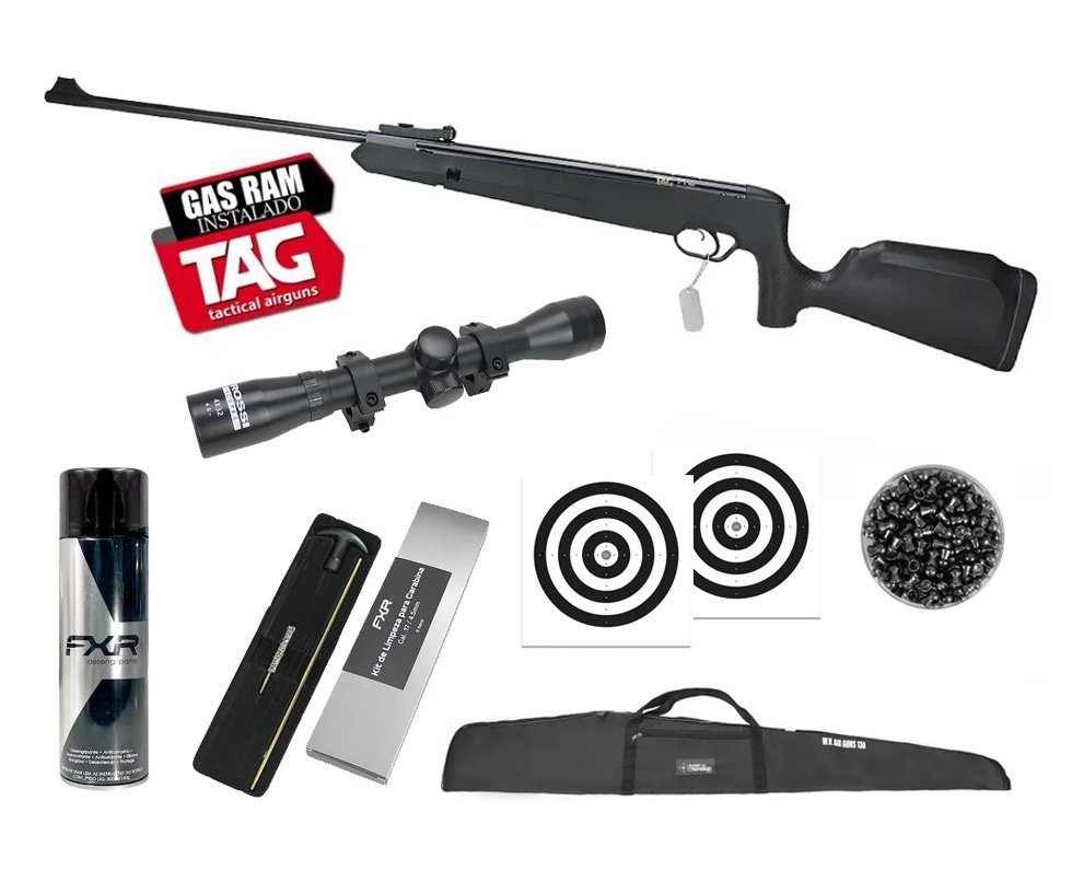 Carabina de Pressão Naja Nitro Gás Ram 4,5mm - TAG + Capa + Luneta 4x32 + Chumbo + Alvos + Kit de Limpeza + Desengripante / Anticorrosivo