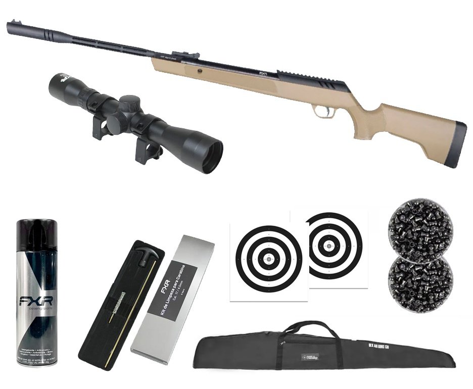 Carabina de Pressão Artemis Dark Eagle Nitro Piston GR 80kg Tan 5.5mm - FXR + Capa + Luneta 4x32 + Chumbo + Alvos + Kit de Limpeza + Desengripante / Anticorrosivo