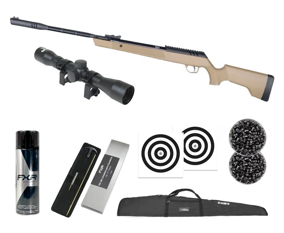 Carabina de Pressão Artemis Dark Eagle Nitro Piston GR 80kg Tan 5.5mm - FXR + Capa + Luneta 4x32 + Chumbo + Alvos + Kit de Limpeza + Desengripante / Anticorrosivo