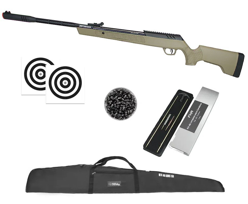 Carabina de Pressão Artemis Dark Eagle Nitro Piston GR 80kg Tan 5.5mm - FXR + Capa + Chumbo + Alvos + Kit de Limpeza