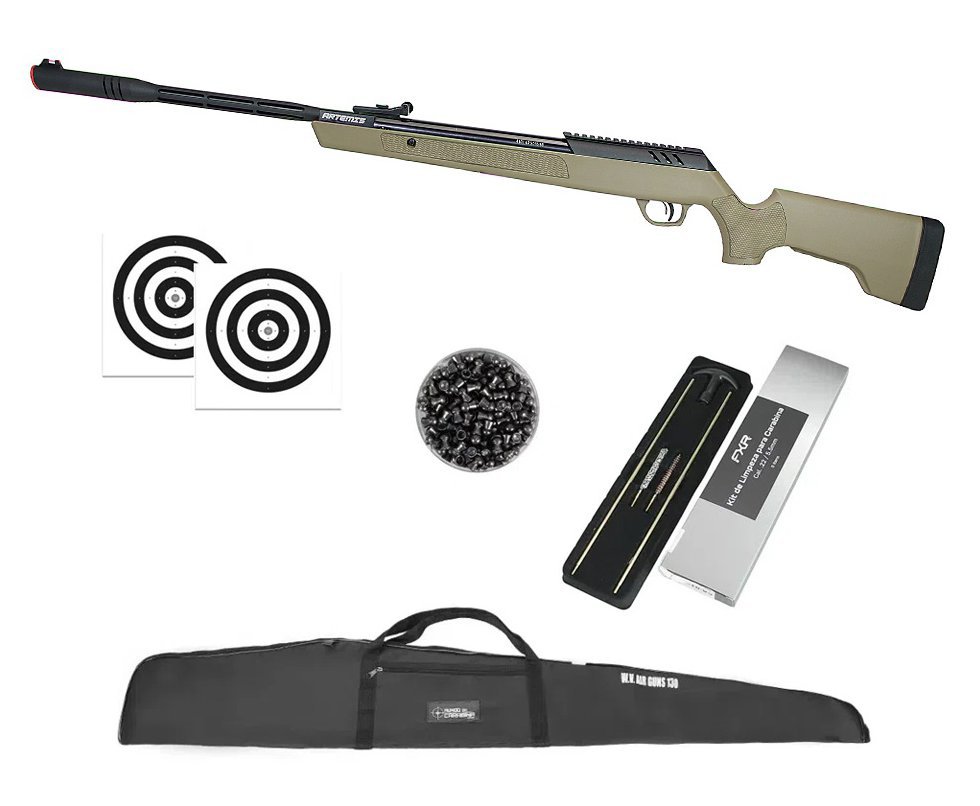 Carabina de Pressão Artemis Dark Eagle Nitro Piston GR 80kg Tan 5.5mm - FXR + Capa + Chumbo + Alvos + Kit de Limpeza