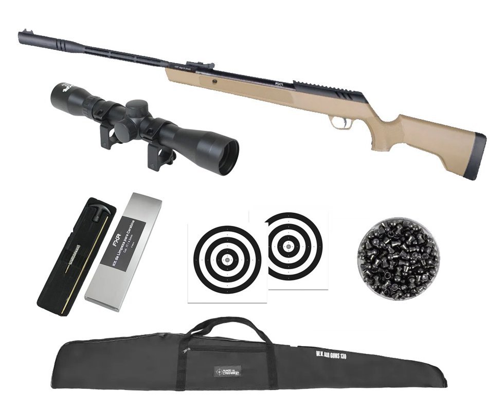 Carabina de Pressão Artemis Dark Eagle Nitro Piston GR 80kg Tan 5.5mm - FXR + Capa + Chumbo + Alvos + Kit de Limpeza