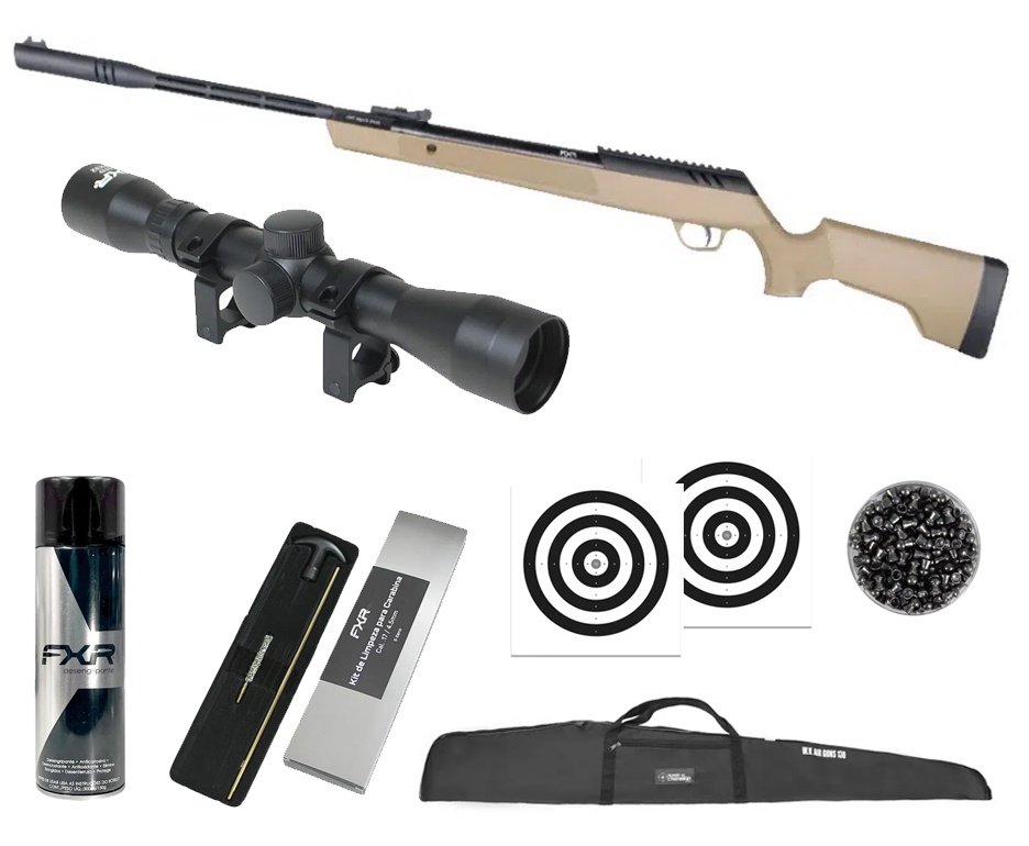 Carabina de Pressão Artemis Dark Eagle Nitro Piston GR 80kg Tan 6,35mm - FXR + Capa + Luneta 4x32 + Chumbo + Alvos + Kit de Limpeza + Desengripante / Anticorrosivo