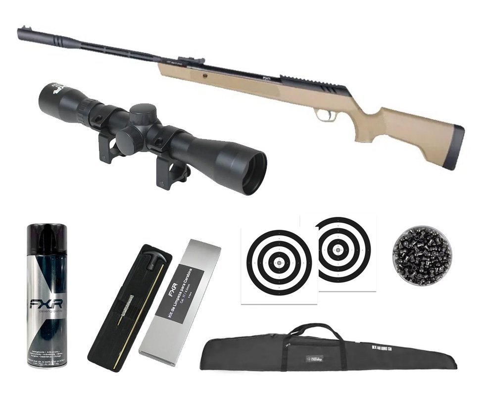 Carabina de Pressão Artemis Dark Eagle Nitro Piston GR 80kg Tan 6,35mm - FXR + Capa + Luneta 4x32 + Chumbo + Alvos + Kit de Limpeza + Desengripante / Anticorrosivo