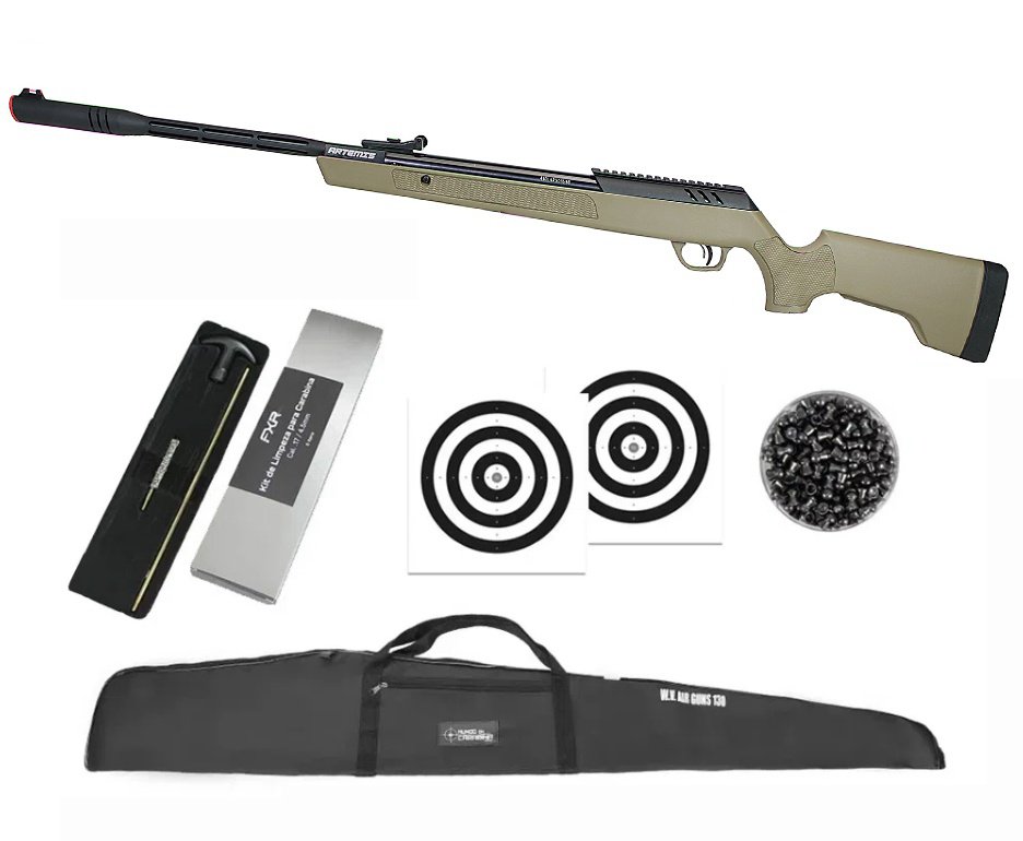 Carabina de Pressão Artemis Dark Eagle Nitro Piston GR 80kg Tan 6,35mm - FXR + Capa + Chumbo + Alvos + Kit de Limpeza