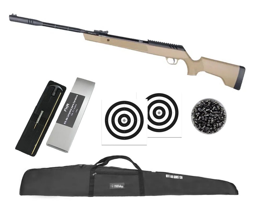 Carabina de Pressão Artemis Dark Eagle Nitro Piston GR 80kg Tan 6,35mm - FXR + Capa + Chumbo + Alvos + Kit de Limpeza